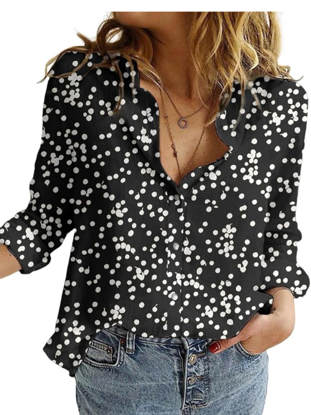 Women's Floral Long Sleeve Chiffon Button Down Blouse Bohemian Black & White L
